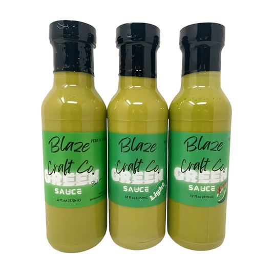 Blaze Craft Co. Peruvian Green Hot Sauce Trio – Original, Light, and Hotter | Gourmet Flavor Variety for Chips, Tacos, Meats & More | Non-GMO, Preservative-Free, Vegan & BPA-Free